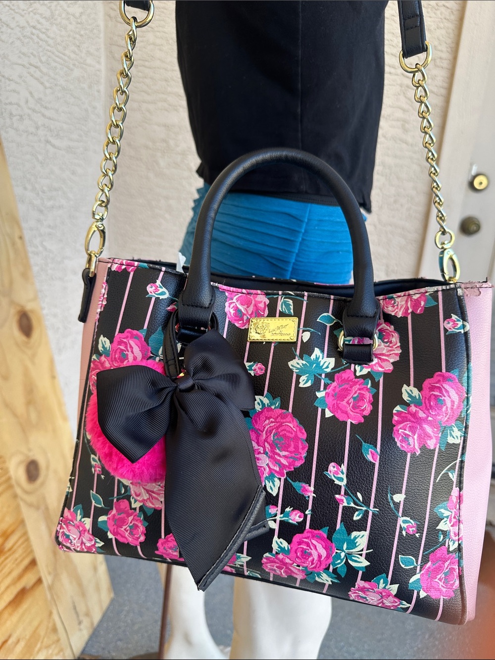 Betsey Johnson Pink Floral Stripe Tote with Black Handles